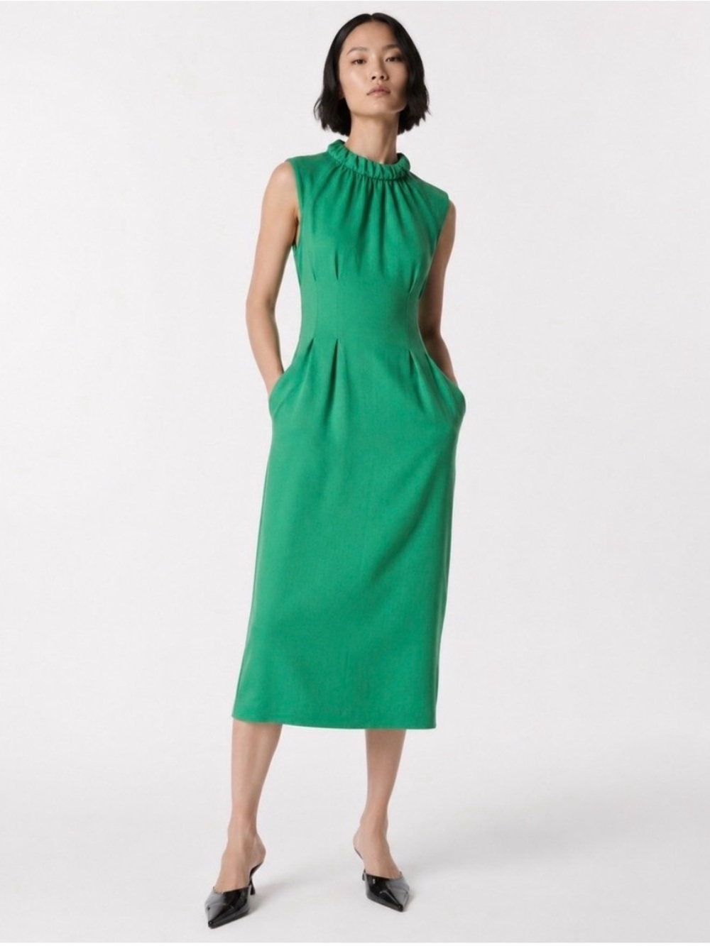 Tibi Sleeveless Green Midi Dress with Ruffled Neck
